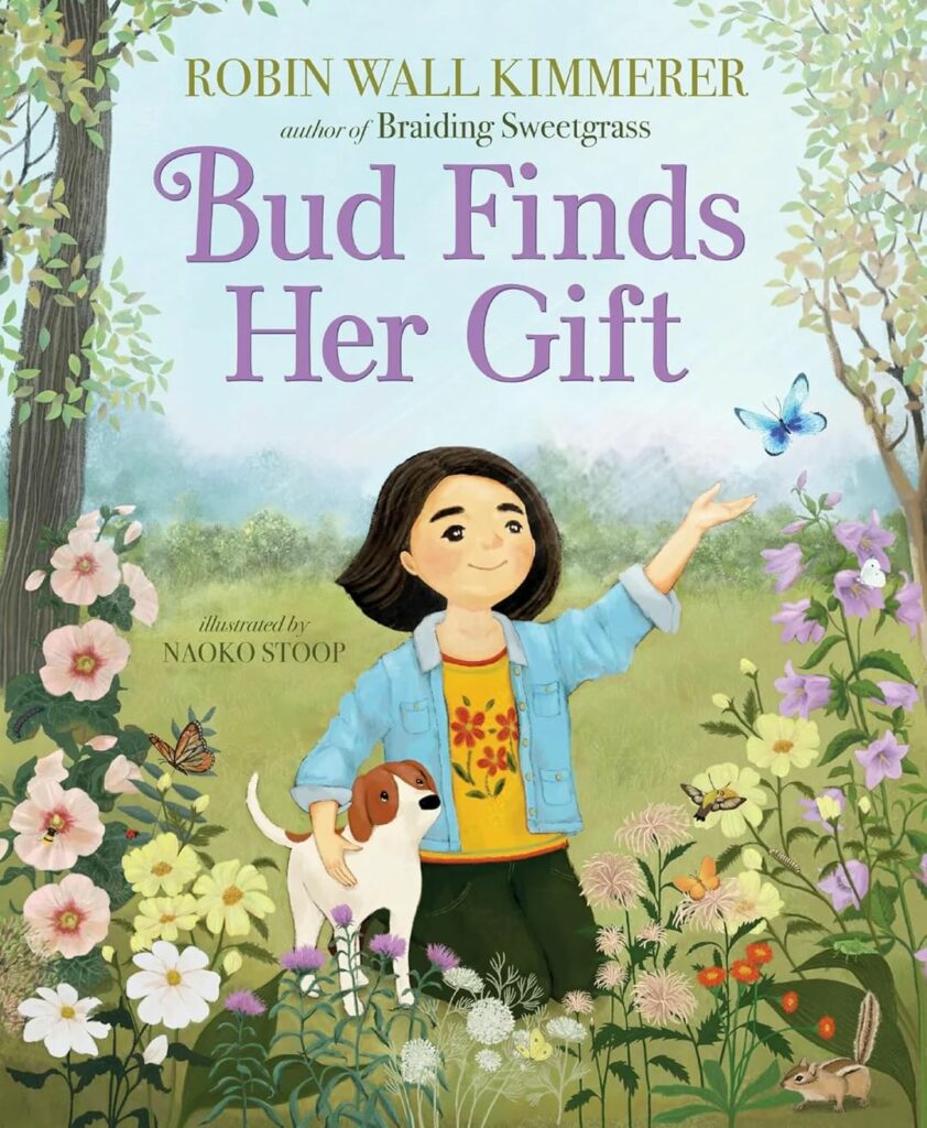 The cover of "Bud Finds Her Gift:" a kid kneels on the ground with a dog and a butterfly